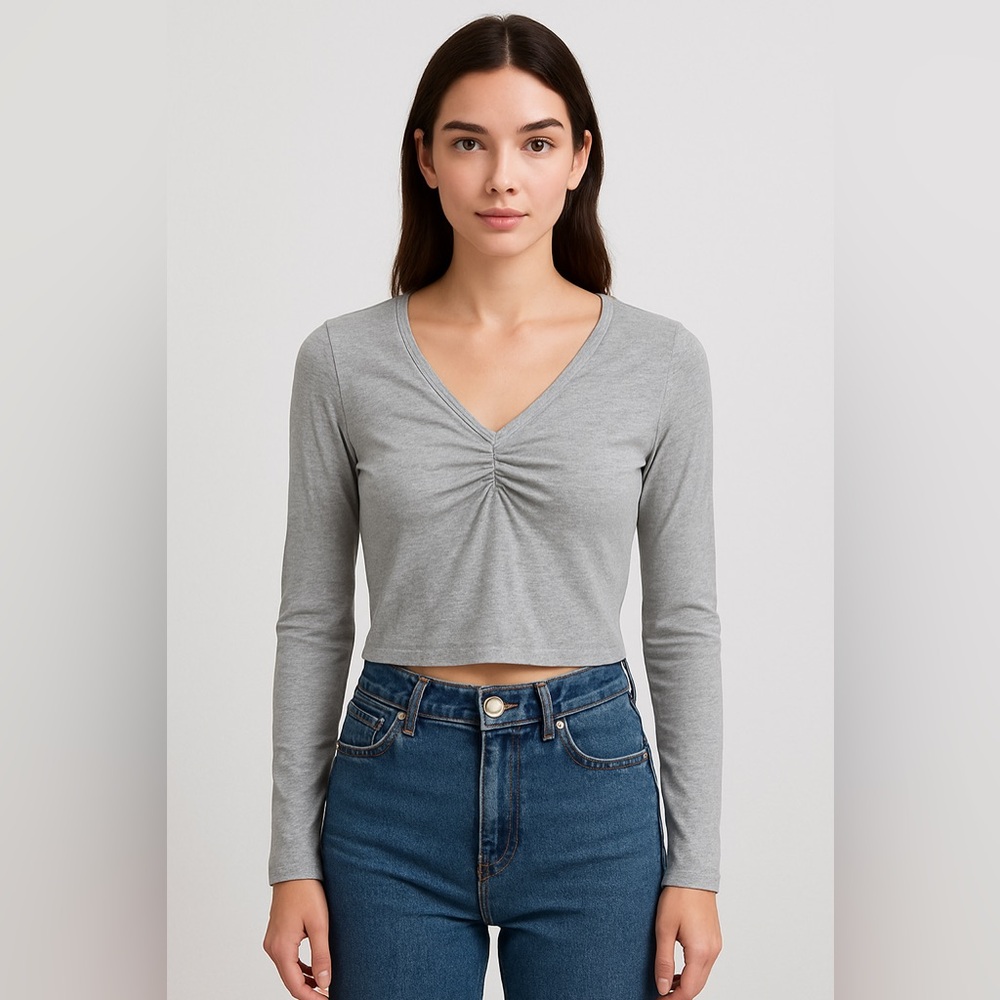 H&M Grey Long Sleeve Ruched V-Neck Top Size S
